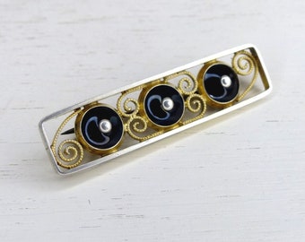 Sterling silver Norway black Enamel Brooch vintage Filigree gilded brooch Mid Century modern Norwegian Scandinavian jewelry