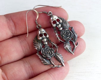 Sterling Silver 925 rose & skull earrings Gothic Earrings Large Dangle Earrings oxidized Earrings gothic gift vintage gothic jewelry