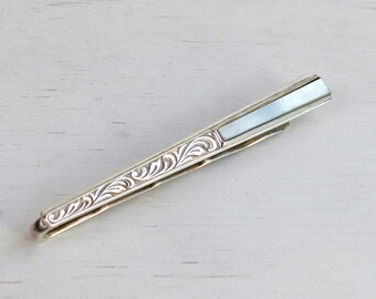 Vintage 830 Solid Silver Modernist Tie Clip with Mother of Pearl Tie Bar Shell retro Tie Clasp Swedish Scandinavian Mens Jewelry