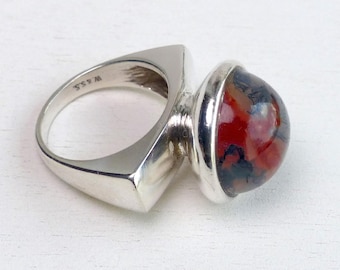Brøderne W.&S Sørensen Denmark Sterling silver Moss Agate ring Modernist Statement ring size 6 vintage Danish Scandinavian jewelry