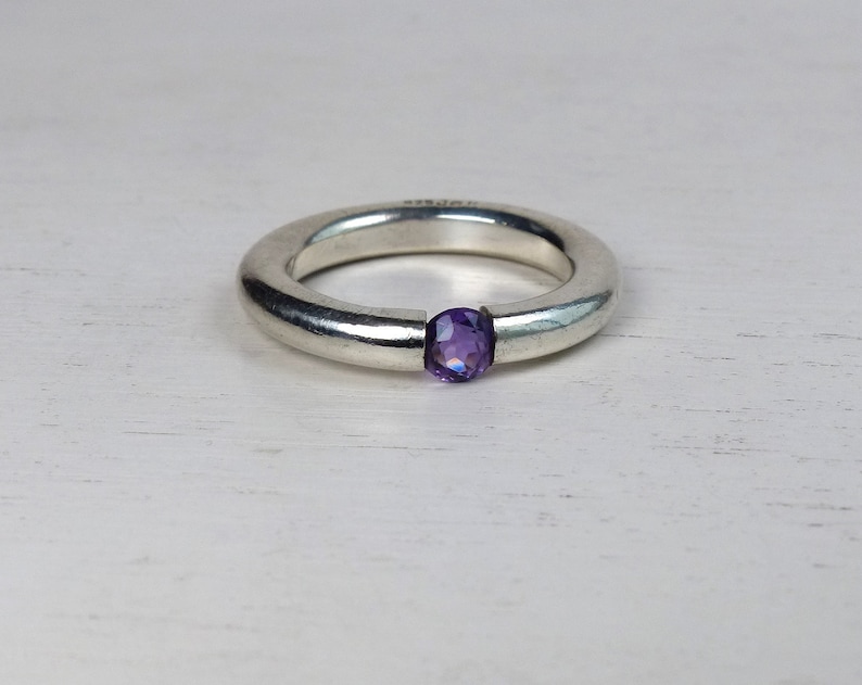 Jørgen Bondesen Danish Sterling silver Modernist Amethyst bold ring Brushed thick round band size 7.75 Vintage Denmark Scandinavian jewelry image 5