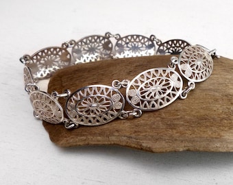 Vintage Dutch 835 Solid Silver Filigree Panel Bracelet Handcrafted