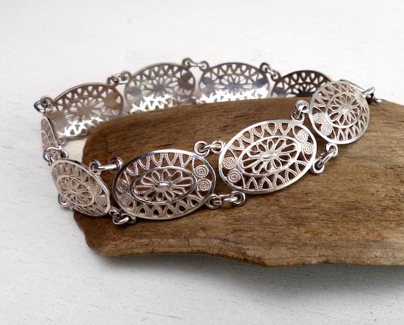 Vintage Dutch 835 Solid Silver Filigree Panel Bracelet Handcrafted