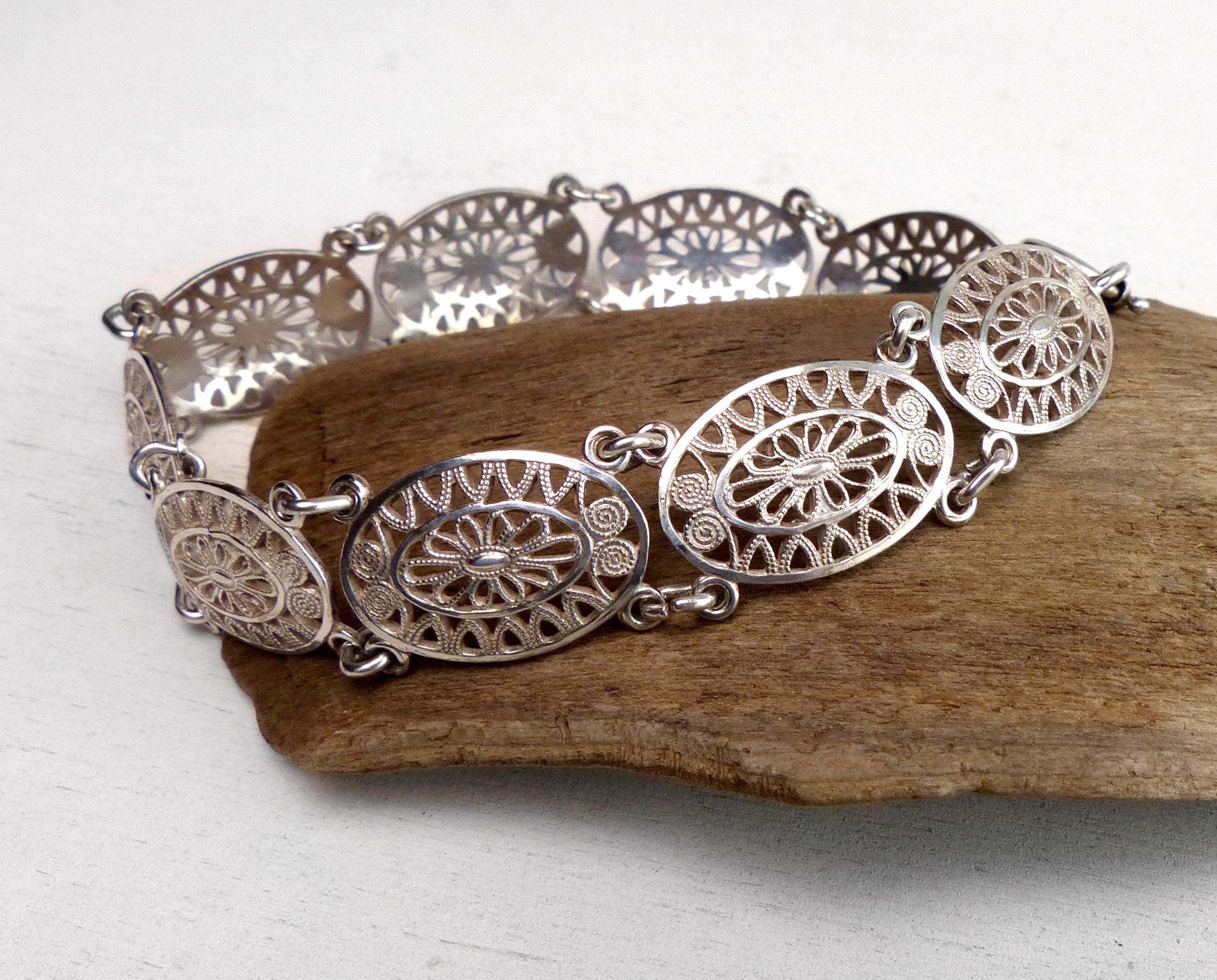Vintage Dutch 835 Solid Silver Filigree Panel Bracelet Handcrafted