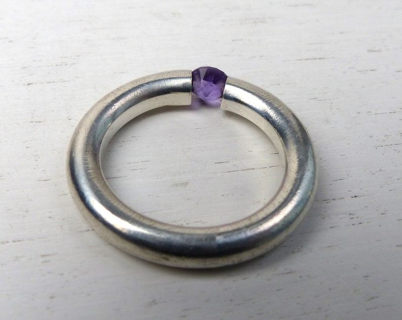 Jørgen Bondesen Danish Sterling silver Modernist Amethyst bold ring Brushed thick round band size 7.75 Vintage Denmark Scandinavian jewelry image 7