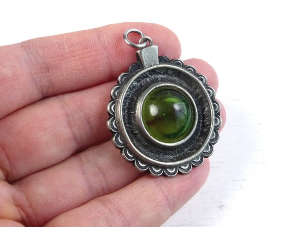 Vintage Rune Tennesmed Sweden Green Glass & Pewter Pendant