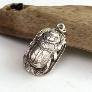 May include: A silver pendant shaped like a scarab beetle with detailed engraved wings and body segments. The metallic charm features a small circular bail at the top for attachment to a chain, showcasing a polished finish with dark recessed areas.