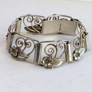 G Kaplan Ge-Ka Sweden Sterling silver Floral panel Bracelet 32grams Leaves Links Bracelet vintage 1951 Swedish Scandinavian jewelry