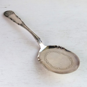 May include: A silver serving spoon with an ornate handle and a decorative design on the bowl.