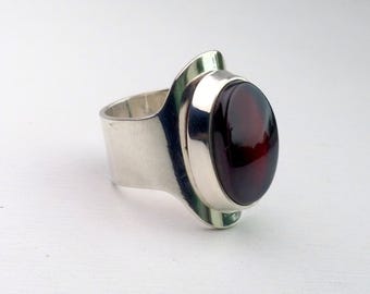 Bague Vintage En Argent Massif Et Pierre Rose - Style Moderniste Brutaliste Scandinave - Occasion Très Bon état