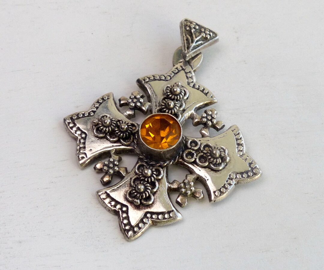 Pendentif Croix De Jérusalem En Argent Massif 925 - Bijou Vintage, Pierre Verte