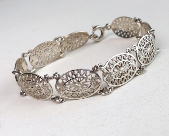 Vintage Dutch 835 Solid Silver Filigree Panel Bracelet Handcrafted