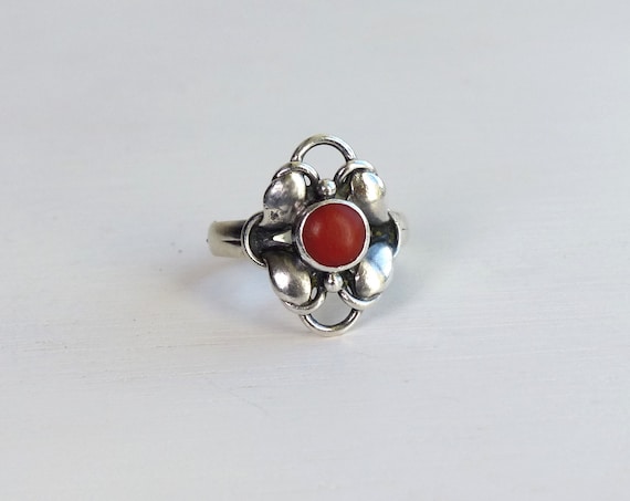G Henry Hoppe Denmark 830 Solid Silver Red Coral Ring Mid Century