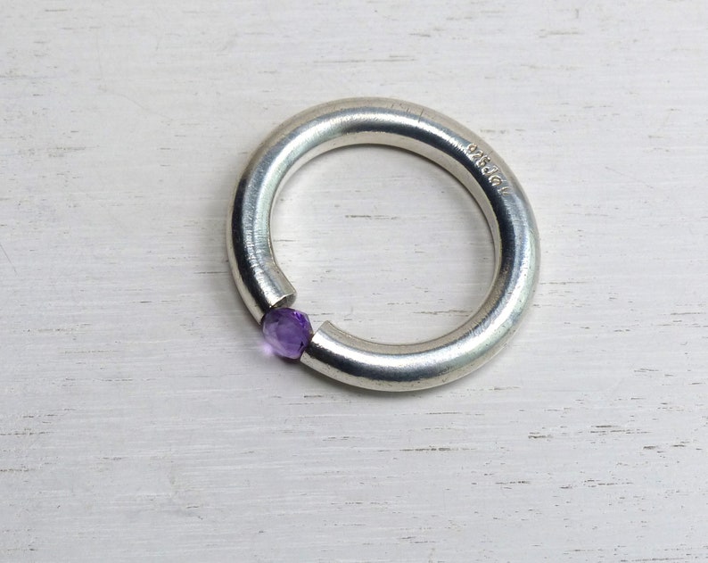 Jørgen Bondesen Danish Sterling silver Modernist Amethyst bold ring Brushed thick round band size 7.75 Vintage Denmark Scandinavian jewelry image 4