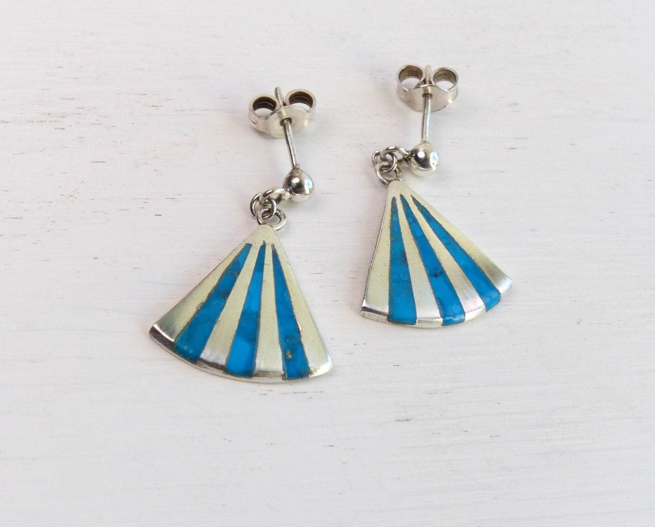 Brilliant Vintage Native American Navajo Inlay Turquoise Coral Sterling Silver Triangle Earrings Brilliant Vintage Native American Navajo Inlay Turquoise Coral Sterling Silver Triangle Earrings