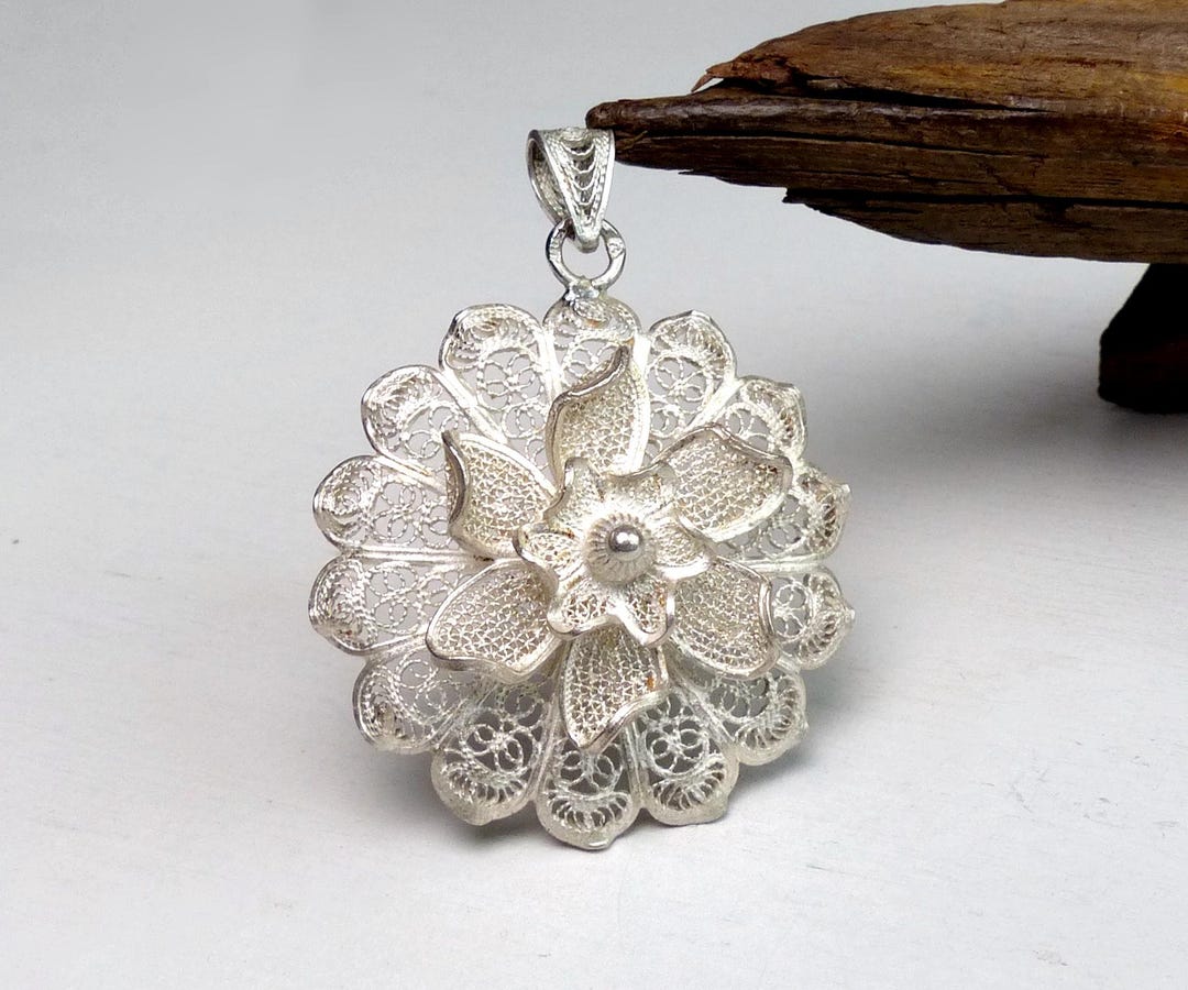Vintage Sterling Silver Filigree Flower Pendant Large Swiss? Hallmarked ...