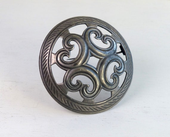 Broche Moderniste Métal Argenté - Forme Spirale Avec Boules, Bijou Vintage, Occasion