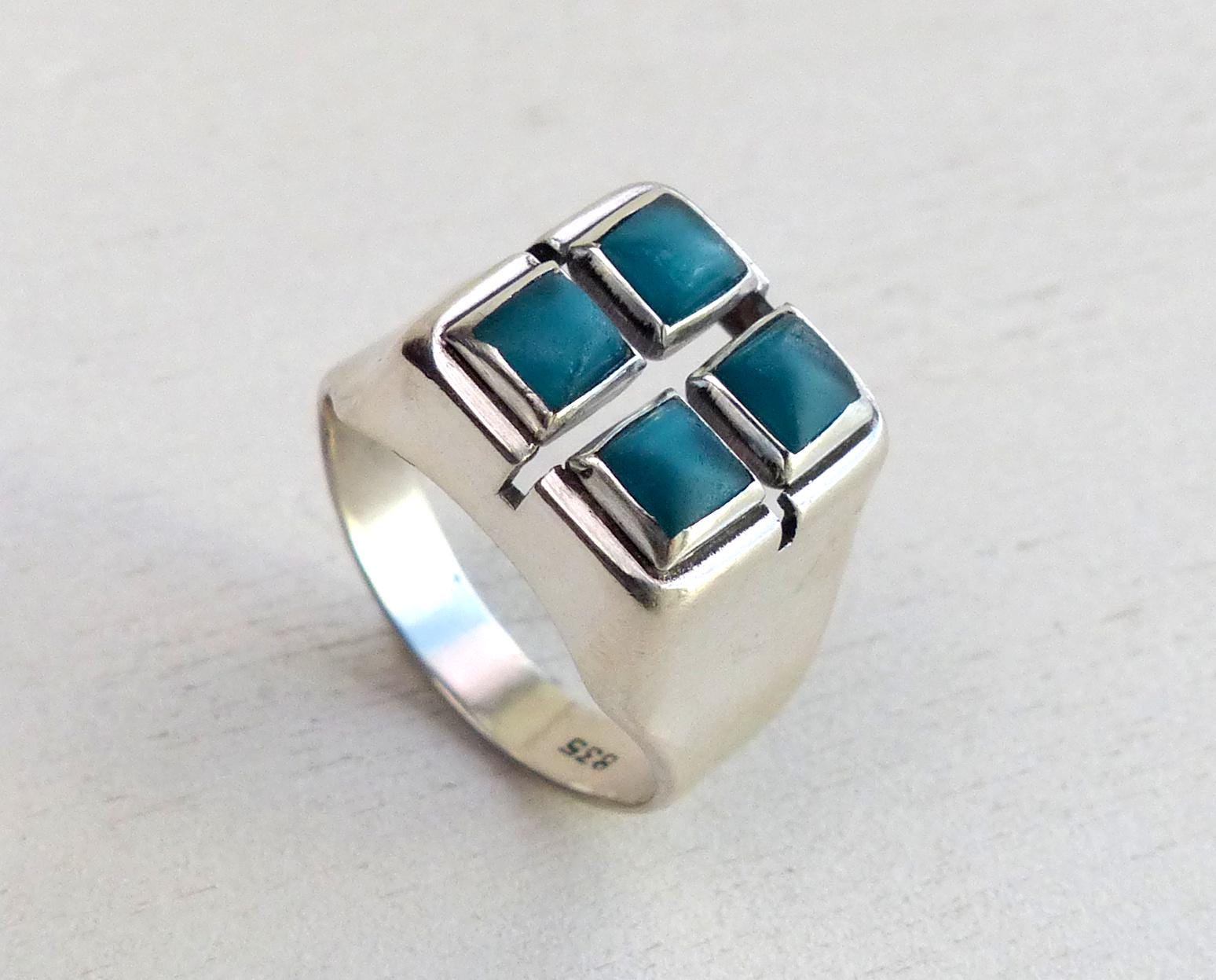 Bague Moderniste Argent 925 Avec Pierre Dure Verte - Taille 54 - Occasion Très Bon état