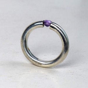 Jørgen Bondesen Danish Sterling silver Modernist Amethyst bold ring Brushed thick round band size 7.75 Vintage Denmark Scandinavian jewelry image 1