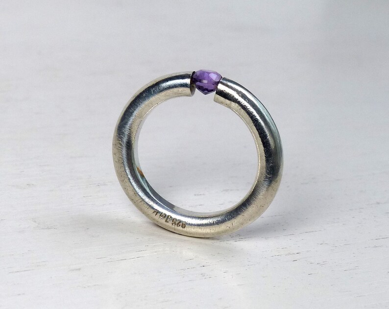 Jørgen Bondesen Danish Sterling silver Modernist Amethyst bold ring Brushed thick round band size 7.75 Vintage Denmark Scandinavian jewelry image 1