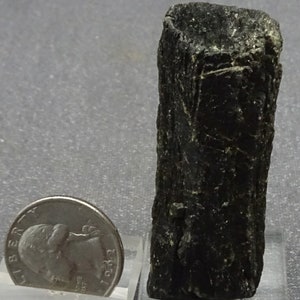 Puede incluir: Un espécimen de cristal verde oscuro, negro y gris con una superficie rugosa y texturizada. El cristal es aproximadamente del tamaño de una moneda de euro.