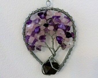 Amethyst, rose quartz necklace, Wire Tree of Life Bonsai Pendant, Twisted Jewelry, wire wrap pendant
