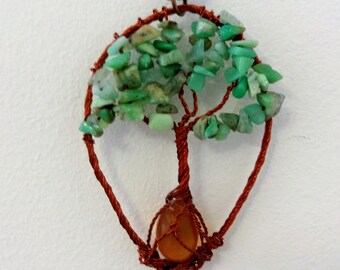 Amazonite necklace with an amber, Wire Wrapped Tree of Life Bonsai Pendant, Copper Twisted Jewelry