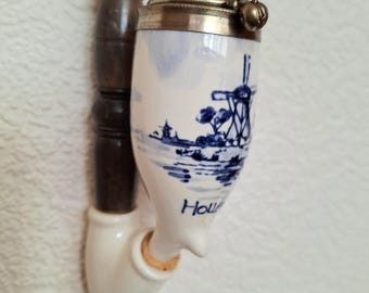 Dutch porcelain pipe with Delft Blue bowl and brass lid, Collectible Tobacco Pipe