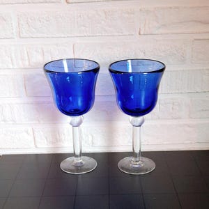 Vintage cobalt blue glassware pair, Two thick wine glasses, Cobalt blue goblets