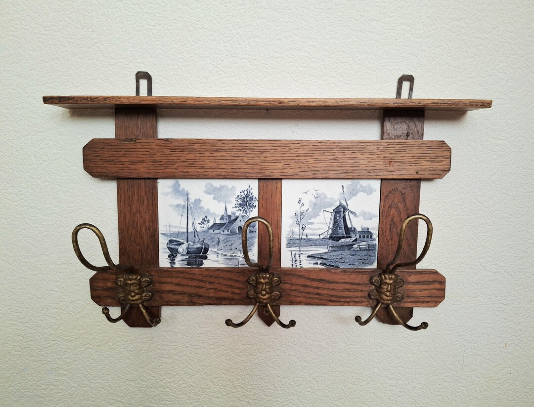 Antique Dutch Coat Rack 1920 Solid Oak and Tiles - Etsy