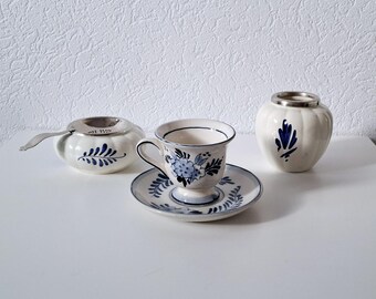オランダ製陶器のティーセットコレクション、デルフト焼き陶器3点