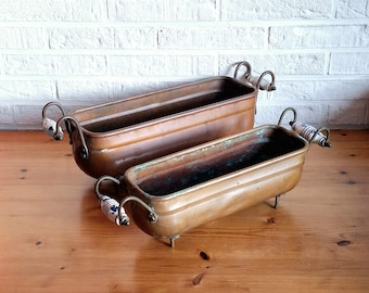 Two antique dutch copper planters, Hand wash bowl with Delft Porcelain Handles