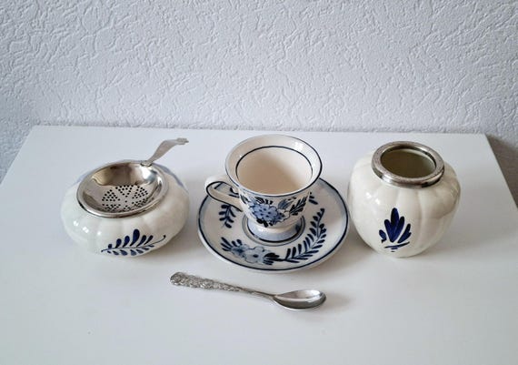 【陶器　三点セット　オランダ】 オランダ製陶器のティーセットコレクション、デルフト焼き陶器3点