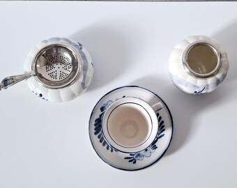 オランダ製陶器のティーセットコレクション、デルフト焼き陶器3点