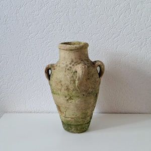 May include: A rustic terracotta vase with two handles, showing signs of age and wear. The vase has a light brown color with green moss growing on the surface.