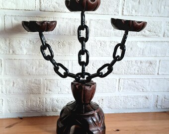 Vintage spanish wooden gothic candelabra, chain candlestick