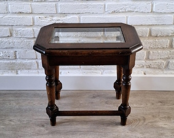 Wooden table with glass top, Plant table, Rustic small coffee table, bedside table