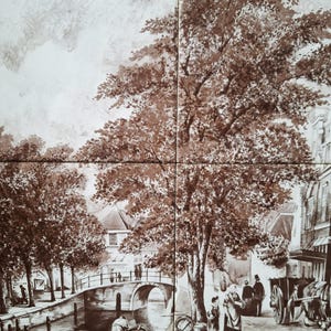 May include: A sepia-toned tile mural depicting a European canal scene. The artwork shows a bridge, trees, buildings, and figures in period clothing. A horse-drawn carriage is visible on the right side. The mural is composed of four tiles.