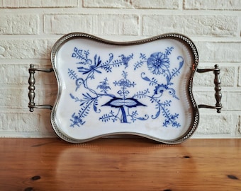 Vintage Delft Blue style porcelain and metal serving tray