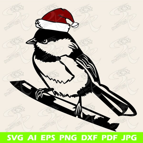 Chickadee with a Christmas hat svg, Bird on branch svg, clip art Sparrow, Spadler, Ducky, dxf, png, eps, Download files, Art Print, Vector