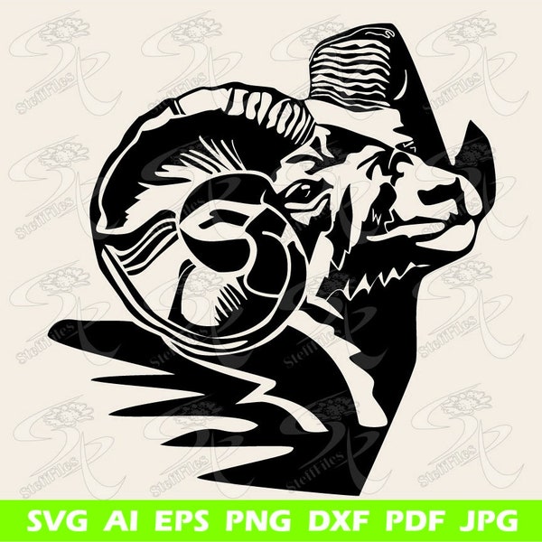 Montagne de MOUTONS grosse corne svg, grosse corne bélier silhouette svg, dxf, ai, png, eps, jpg, fichiers à télécharger, numérique, graphique, vecteur