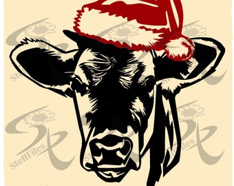 COW Christmas Hat,calf head,AI,PNG,svg,dxf,eps,jpg Download, graphical image,Art Print,heifer,muzzle,svg cow,Vector
