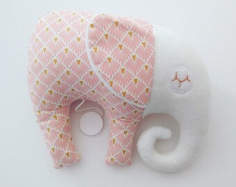 Plush toy Musical elephant tones pink / white / ocher with art deco patterns, melody HAPPY, ideal as a birth gift for baby