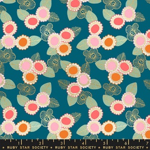 Purl Embroidered Floral in Teal Metallic - Purl Fabric Collection - Sarah Watts - Moda Fabrics - Fabric by the Half Yard