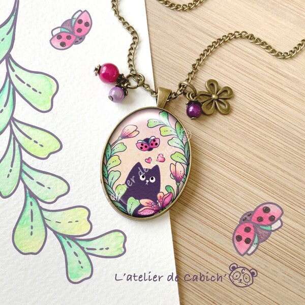 collier fait main "Un amour de coccinelle" de la collection « Hello Spring» cabochon verre. Bijoux, bijoux enfant, bijoux femme.