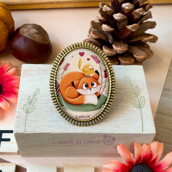 Broche " Petit Renard ". Collection « Friendswood  », Broche cabochon verre. Broche automne , bijoux renard, Cadeau femme enfant