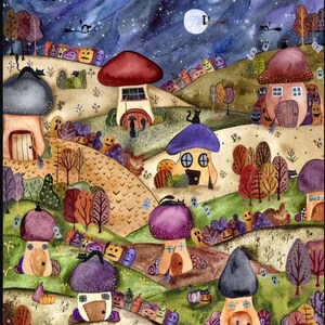 May include: A watercolor illustration of a whimsical village with mushroom-shaped houses in shades of red, purple, and gray. The scene features a starry night sky with a full moon, small black cats, and numerous colorful jack-o'-lanterns.