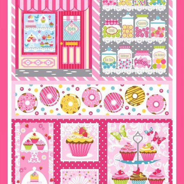 Pink Cupcake Cafe Fabric Panel, 100% Cotton Quilting Fabric