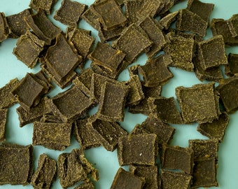 Può includere: Una collezione di snack per cani quadrati, marrone scuro, con una superficie leggermente strutturata. Gli snack sono sparsi su una superficie azzurra, creando una disposizione visivamente accattivante. Gli snack sembrano croccanti e sono probabilmente fatti con ingredienti naturali.