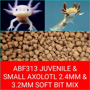 May include: Close-up of a pile of brown axolotl food pellets. The pellets are in various sizes, ranging from 2.4 mm to 3.2 mm. The food is labeled "ABF313 Juvenile & Small Axolotl 2.4mm & 3.2mm Soft Bit Mix".